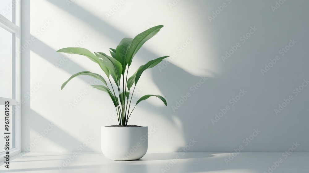 Wall mural A Green Plant in a White Pot Against a White Wall