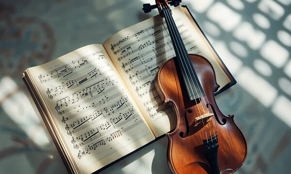 Violin resting on open sheet music with sunlight casting shadows