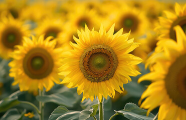 Fototapeta premium A field of sunflowers, vibrant and lively. Created with Ai