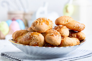 Homemade Greek Easter cookies koulourakia close up.