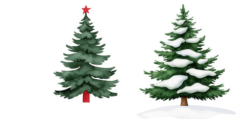 Watercolor Christmas Farm, Two charming Christmas trees, one decorated and one covered with snow, perfect for festive holiday designs and illustrations.