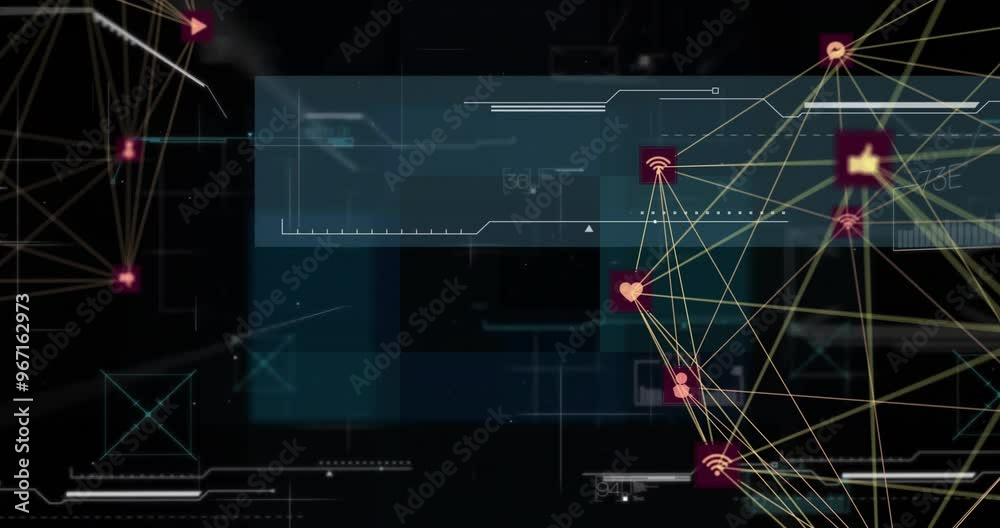 Poster animation of network of connections and data processing over globe