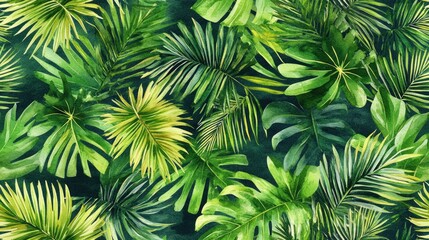Seamless watercolor pattern featuring tropical leaves Exquisite all over print showcasing hand drawn exotic plants Botanical design ideal for swimwear