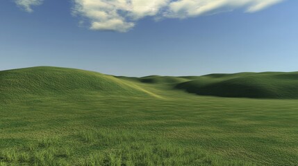 Obraz premium Serene green hills under a clear blue sky with scattered clouds, perfect depiction of open countryside landscape on a sunny day.