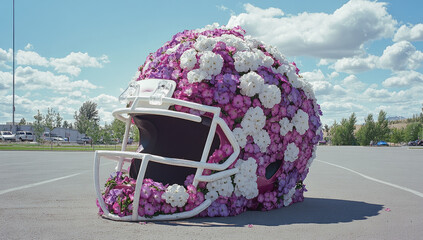  A gigantic football helmet made of white and purple flowers, standing in an empty parking lot on the field. Created with Ai
