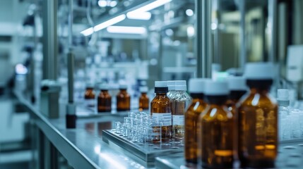 Glass Bottles and Test Tubes on a Metal Shelf in a Laboratory