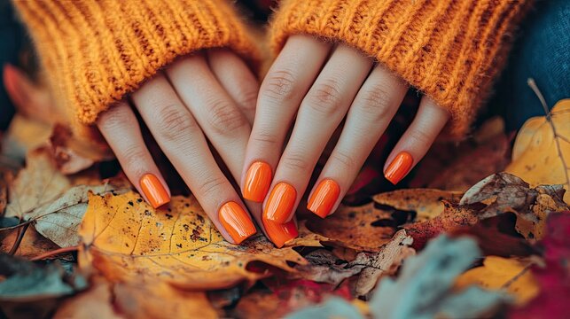Close-up of female hands with orange nails resting on autumn leaves, the bold manicure standing out against the warm colors of fall
