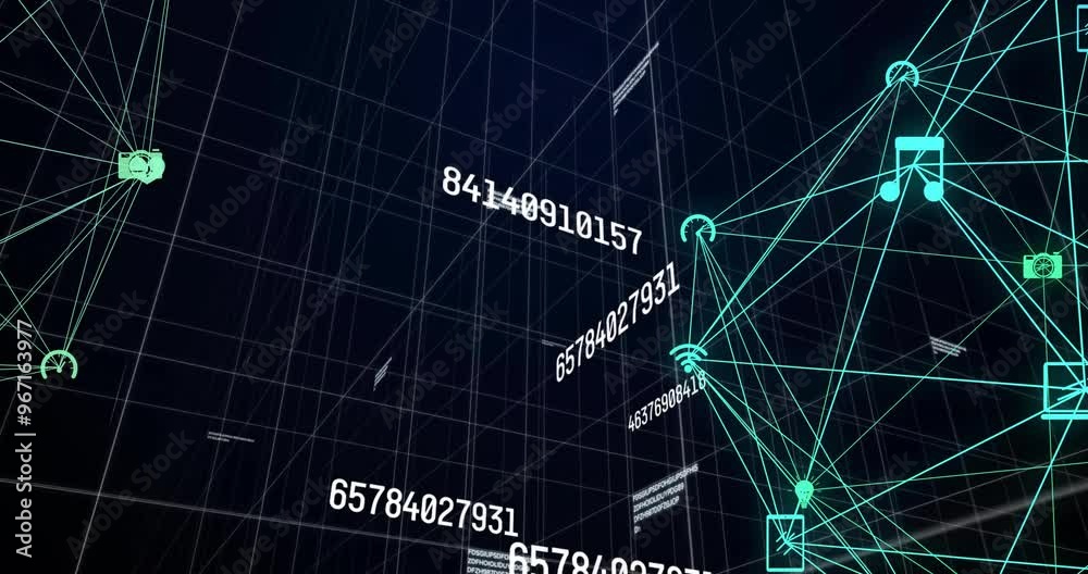 Poster animation of network of connections and data processing over globe