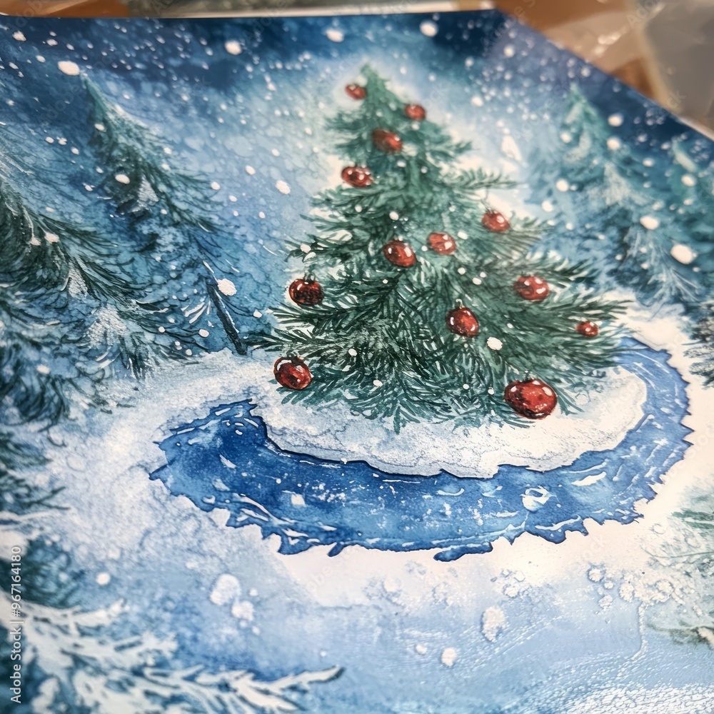 Poster A watercolor painting of a snow-covered winter forest with a lone Christmas tree adorned with red ornaments standing near a frozen river.