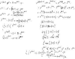Set of mathematical formulas and solutions to problems and equations. Homework of a student. Vector image of algebra and geometry tasks.	
