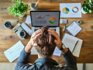  Stressed Office Worker with Laptop and Digital Marketing Materials, Overwhelmed at Desk Amidst Chaos and Bright Lighting.
