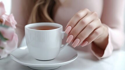 Close-up of pink stone nails holding a cup of tea during a business meeting, soft office background with a focus on elegance