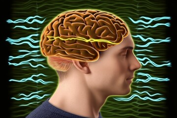 Obraz premium Perceptual mapping perceptual modulation neural enhancement and cognitive synchronization man with glowing brain emitting green waves visualizing thought focus and auditory processing