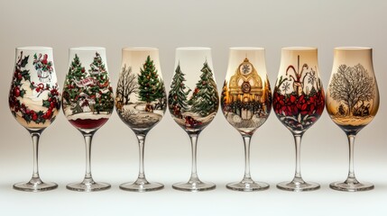 Festive wine glasses showcase intricate holiday designs, featuring Christmas trees, winter scenes, and seasonal motifs. Perfect for celebrating special occasions with elegance and charm. 