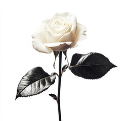 A white rose with black leaves on the stem, against a white background. Created with Ai