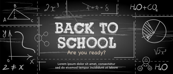Back to school chalkboard web banner. Line hand drawing design with learning formulas, vector illustration