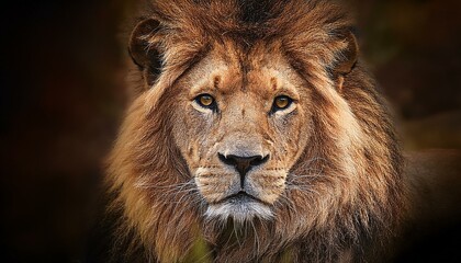 portrait of a lion,  lion gazing directly into the camera with an intense and powerful stare. The lion's thick mane and piercing eyes reflect strength, dominance, nature and animal, wildlife