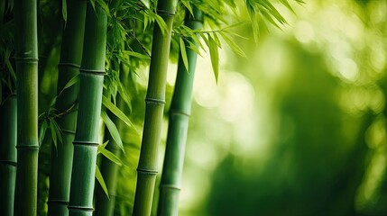 Fototapeta premium Close-up of tall, vibrant green bamboo trees swaying softly in the breeze, their thin leaves rustling gently in a tranquil forest