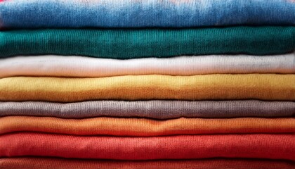 stacked pile of colorful cotton clothes, showcasing vibrant hues of orange, green, yellow, and red, textile textures and fabric details, perfect for themes related to fashion, wardrobe organization
