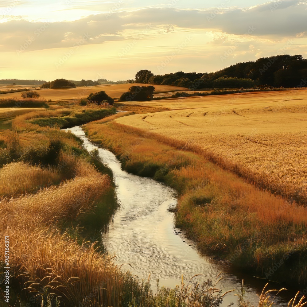 Poster A winding river flows through a golden wheat field at sunset.