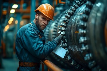 Engineer operator repairs and inspect pipeline equipment in plant industry with technician.
