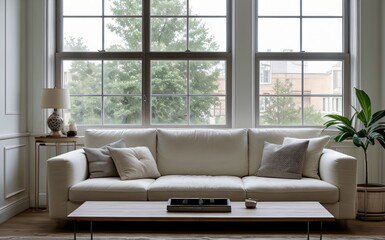 Modern luxury living room with elegant decor and minimalistic design..