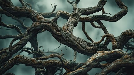 Close-up of twisted bare branches under a dark gray sky, capturing the raw and untamed beauty of nature
