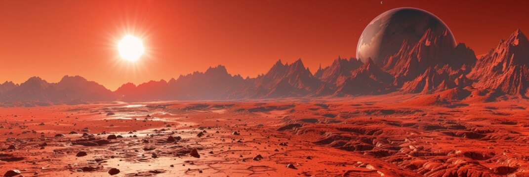 Desolate Martian Landscape, Red Dust Plains, Towering Mountains, Extraterrestrial Planet Scene - Powered by Adobe