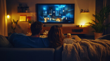 A young couple cuddled up on a modern sectional sofa with blankets, popcorn, and drinks, watching a movie on a large flat-screen TV. The living room is dimly lit with soft lighting