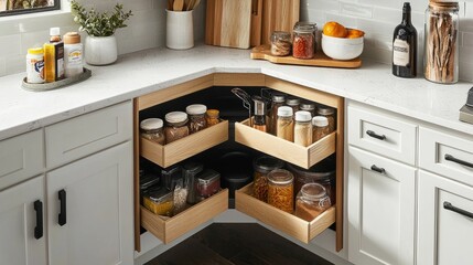 Kitchen access mechanism Magic corner for Blind Corner Cabinets. Solution for a kitchen corner storage in cupboard. Corner unit with pull out shelves for cookware.