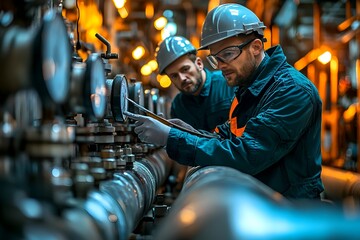 Engineer operator repairs and inspect pipeline equipment in plant industry with technician.
