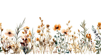 Watercolor seamless floral border with autumn wildflowers