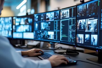 Naklejka premium A professional monitors multiple screens displaying video feeds in a high-tech control room.