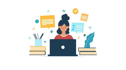 A woman working on a laptop surrounded by books and communication icons. Ideal for educational and remote work themes.