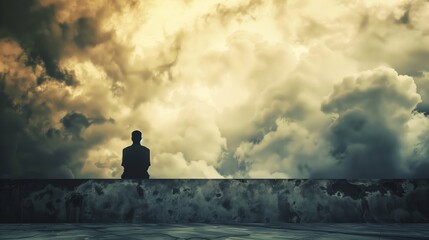 Dramatic Cloudy Sky Illustration with Silhouette of Solitary Person Reflecting on Emotions