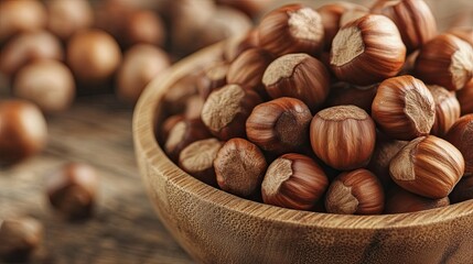 Fototapeta premium Closeup of raw hazelnuts in a wooden bowl, emphasizing their importance in healthy nutrition and as a natural, nutritious snack