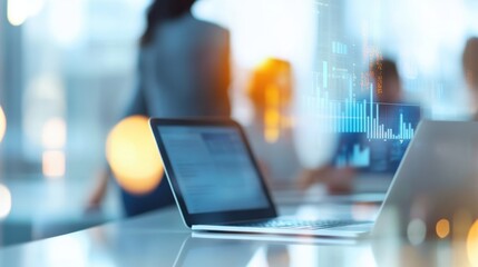 team of diverse professionals in a office working,  laptops and tablets, displaying blurred complex data visualizations in the background