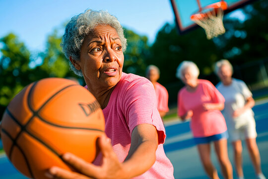 Senior woman playing basketball with teammates on an outdoor court