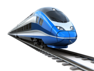 a blue and white train on tracks