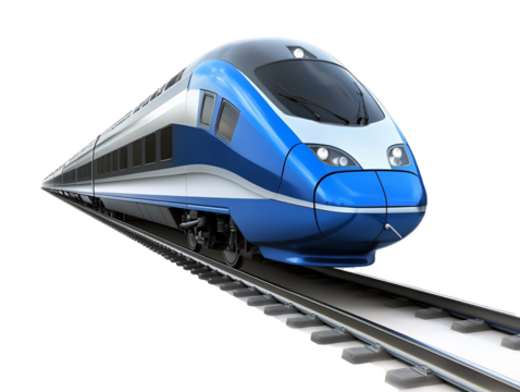 a blue and white train on tracks