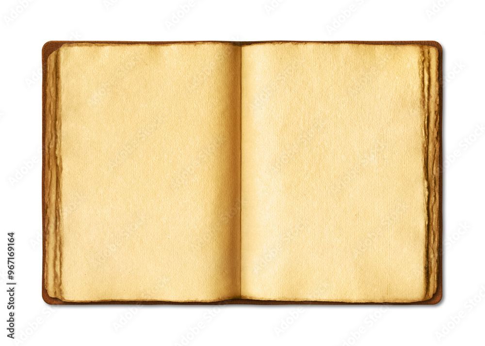 Wall mural old open medieval book with worn parchment pages. isolated on transparent background