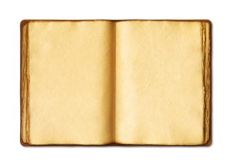 Old open medieval book with worn parchment pages. Isolated on transparent background