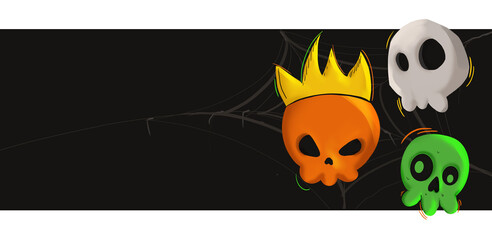 Bannière illustration tête de morts style cartoon, roi halloween, octobre saison, arrière plan noir. illustration fait main