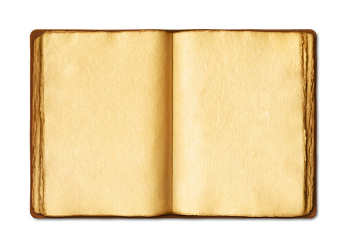 Old open medieval book with worn parchment pages. Isolated on transparent background