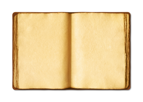 Old open medieval book with worn parchment pages. Isolated on transparent background