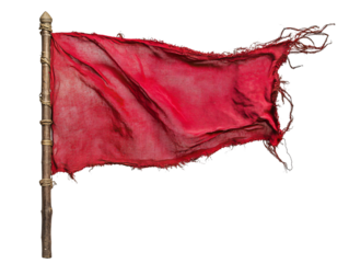 a red flag with a wooden pole