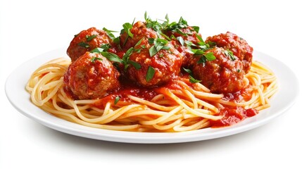 Conceptual PNG of an appetizing plate of spaghetti and meatballs, topped with marinara sauce and fresh herbs, isolated on a white background