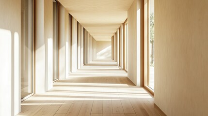 Fototapeta premium Contemporary corridor with sleek wooden floors, bright natural light from windows highlighting the warm tones and texture of the wood
