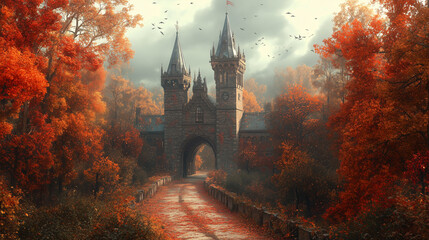 Fototapeta premium Pathway leading through an archway of a castle surrounded by fall foliage