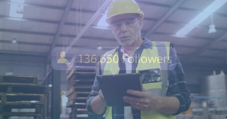 Animation of subscribers growing number over caucasian male worker using tablet in factory